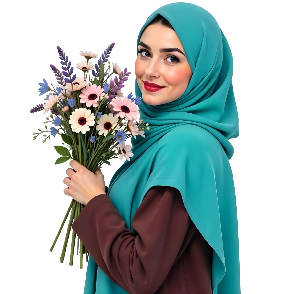 An Arab Woman 22 Years Old With A White Hijab Holding A Bouquet Of Flowers In A White Background 91 F52d