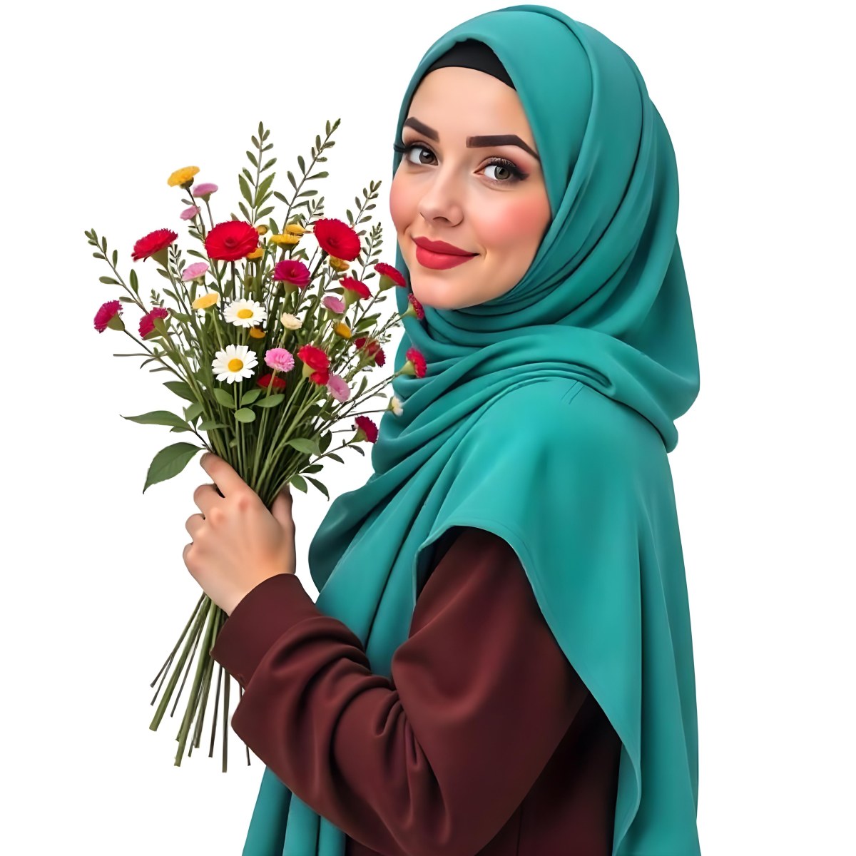 An Arab Woman 22 Years Old With A White Hijab Holding A Bouquet Of Flowers In A White Background 92 72ac