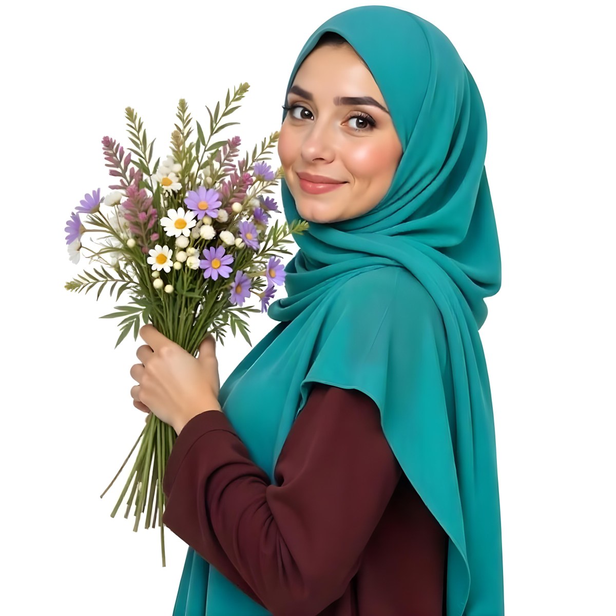 An Arab Woman 22 Years Old With A White Hijab Holding A Bouquet Of Flowers In A White Background 93 3d7a