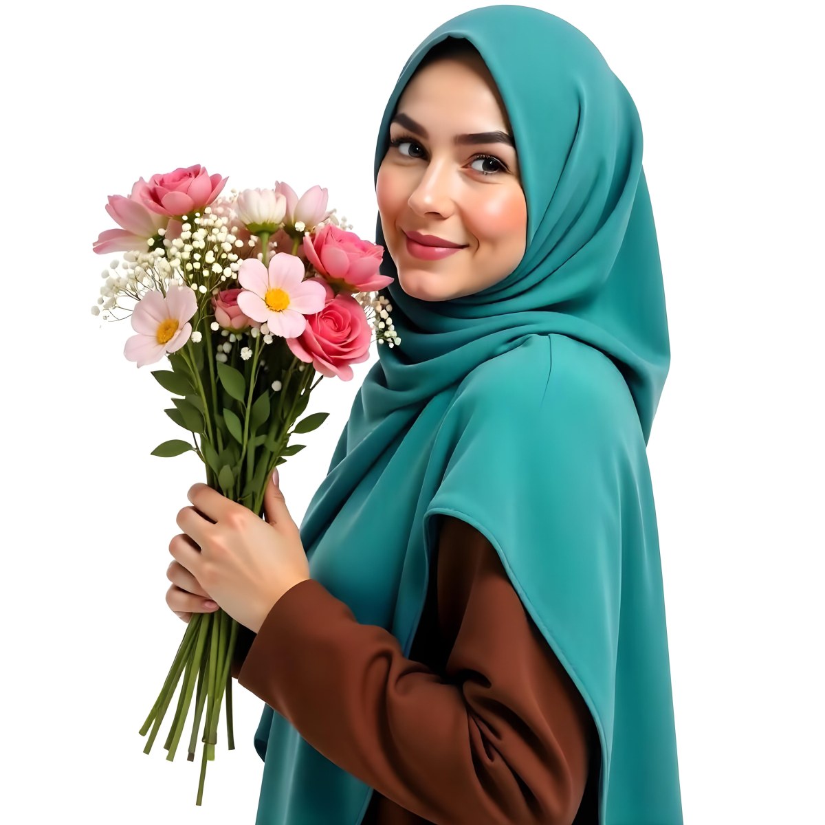 An Arab Woman 22 Years Old With A White Hijab Holding A Bouquet Of Flowers In A White Background 94 78d1