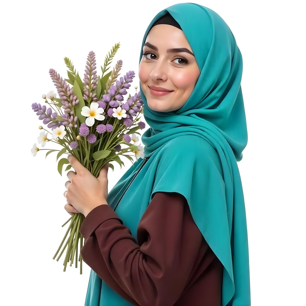 An Arab Woman 22 Years Old With A White Hijab Holding A Bouquet Of Flowers In A White Background 96 508e