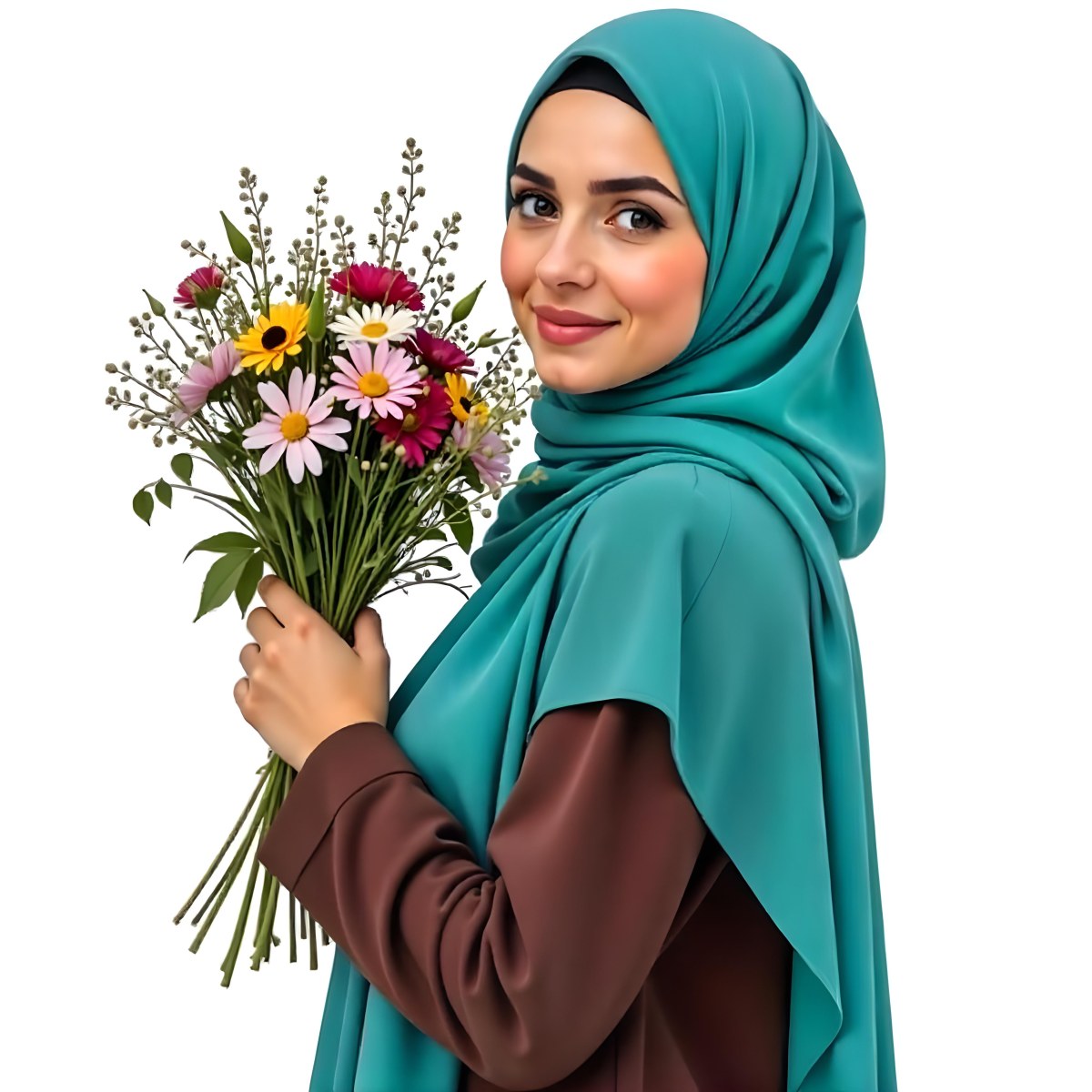 An Arab Woman 22 Years Old With A White Hijab Holding A Bouquet Of Flowers In A White Background 97 D6dc