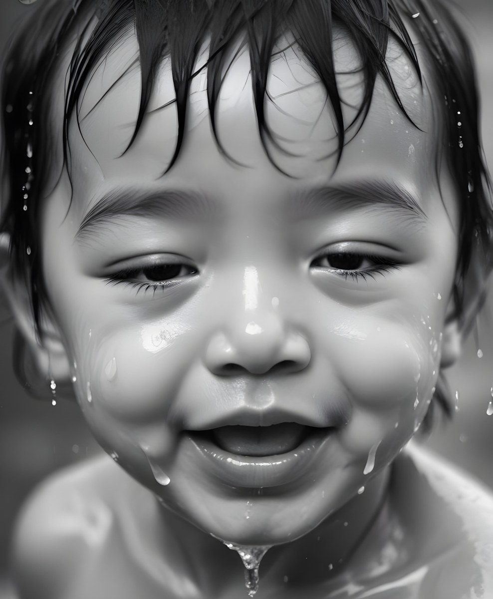 An Asian Boy 2 Years Old With Black Hair Water Falling On His Face Closed Eyes And Tongue Out In A Blurry Background 11 2206