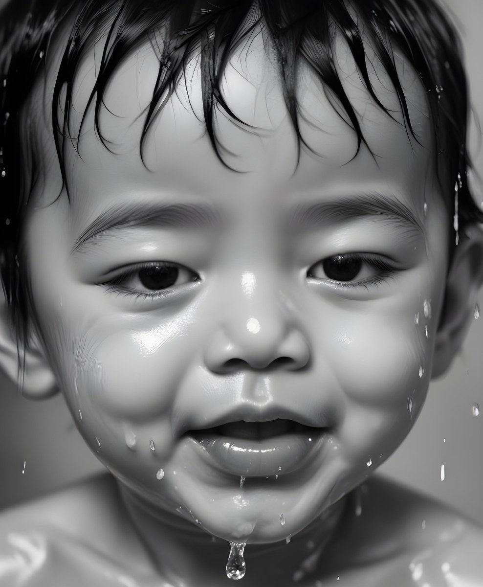 An Asian Boy 2 Years Old With Black Hair Water Falling On His Face Closed Eyes And Tongue Out In A Blurry Background 15 Aa70