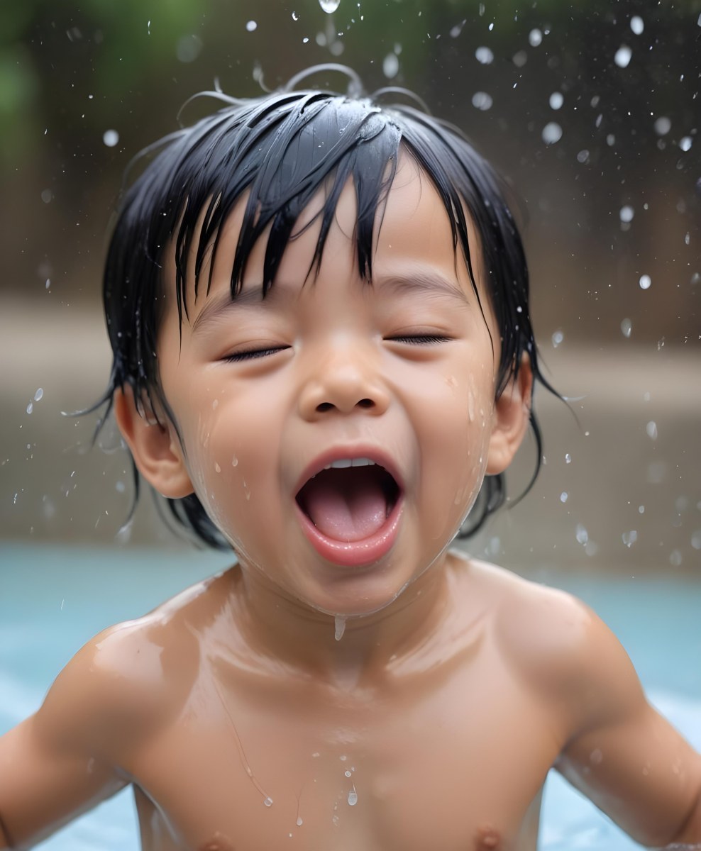 An Asian Boy 2 Years Old With Black Hair Water Falling On His Face Closed Eyes And Tongue Out In A Blurry Background 16 E7d1