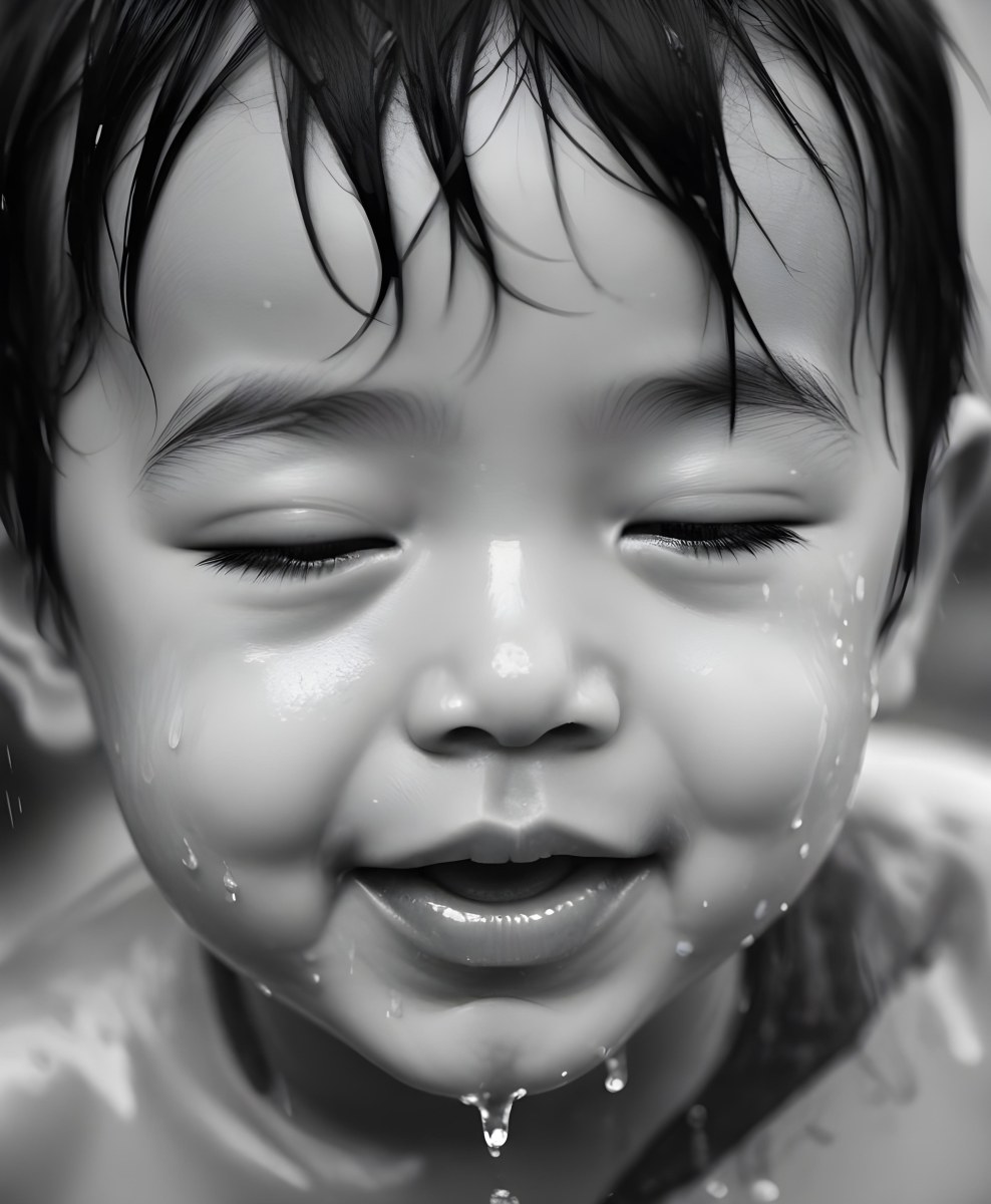 An Asian Boy 2 Years Old With Black Hair Water Falling On His Face Closed Eyes And Tongue Out In A Blurry Background 21 Cc84