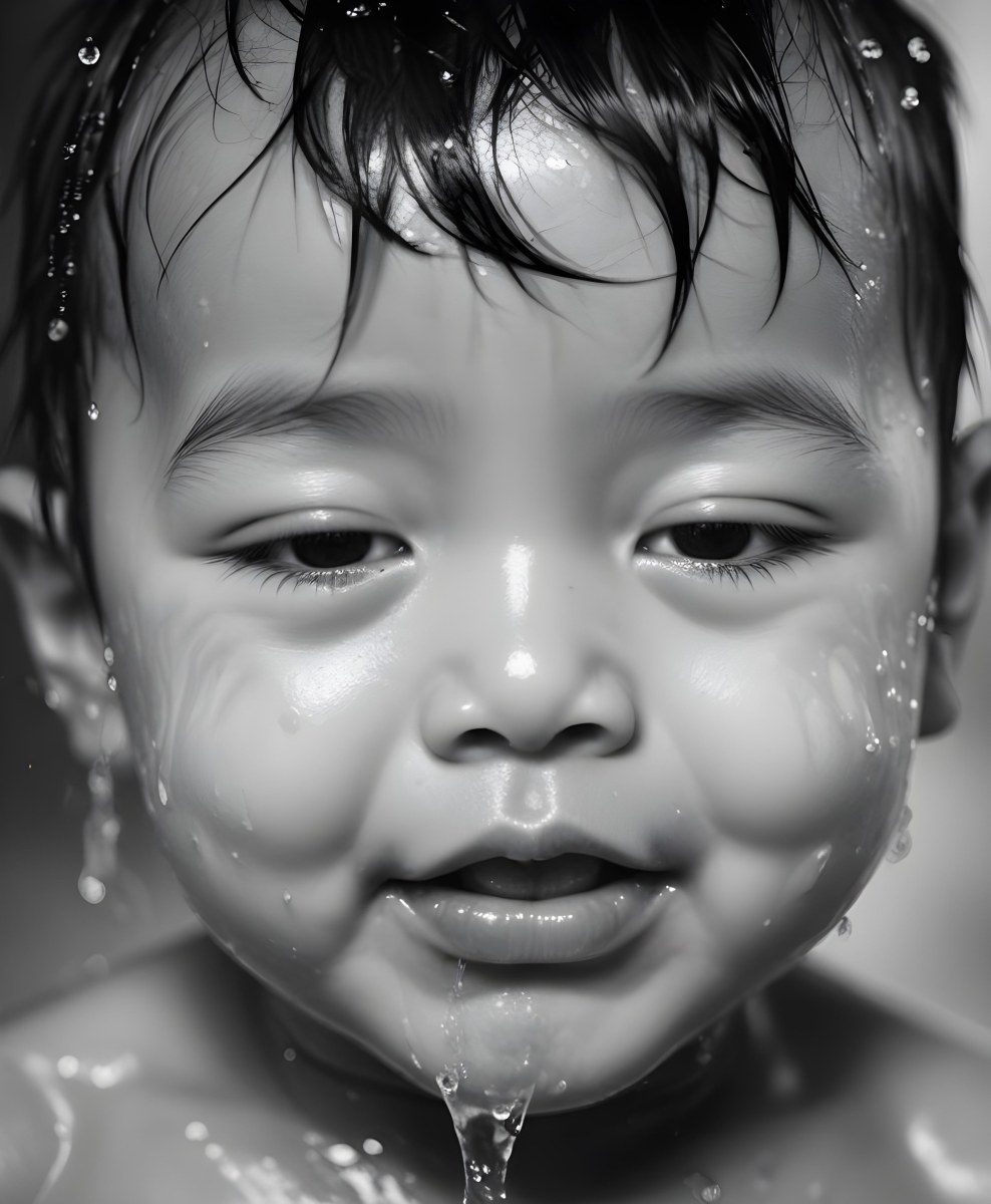An Asian Boy 2 Years Old With Black Hair Water Falling On His Face Closed Eyes And Tongue Out In A Blurry Background 25 1cc6