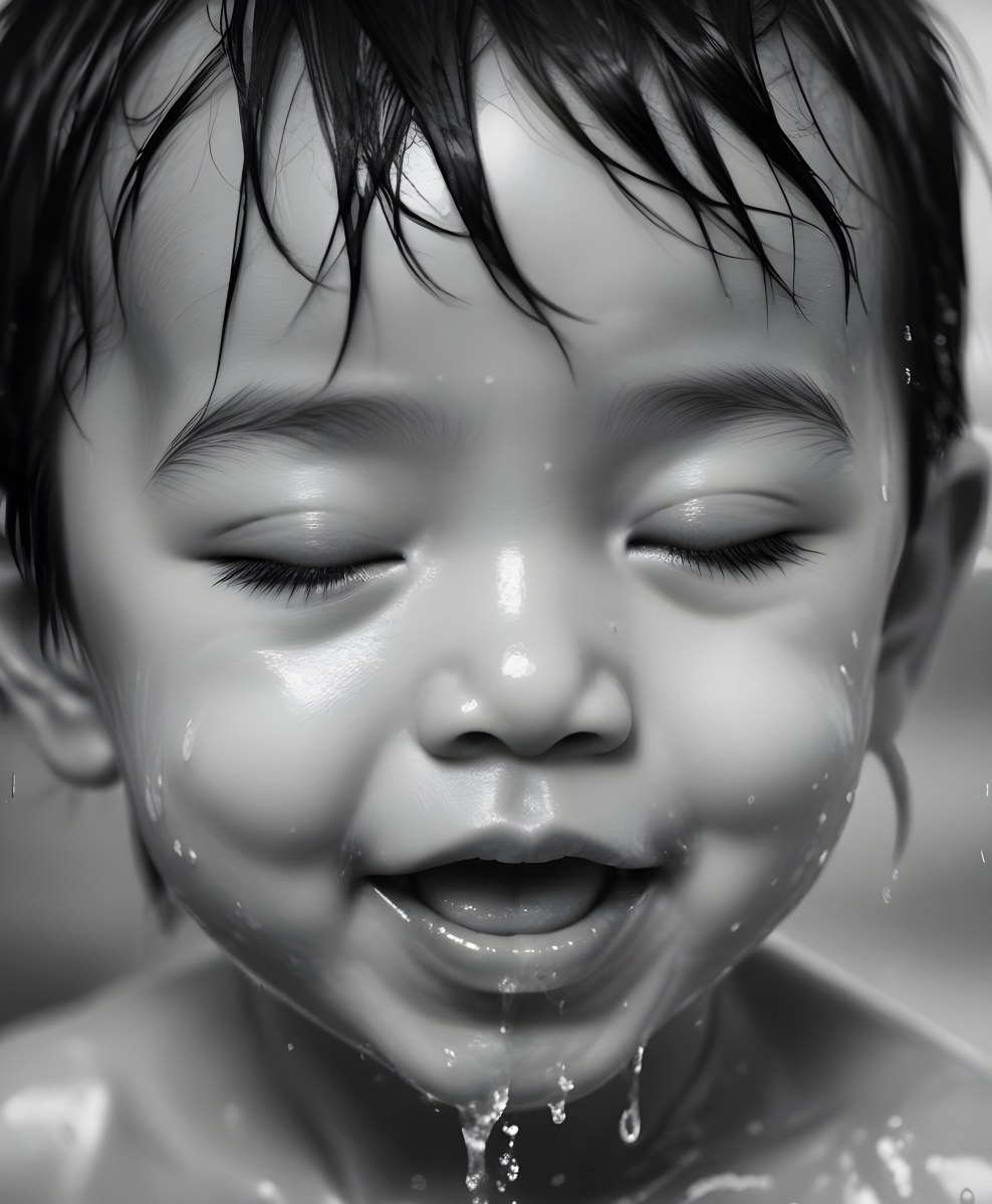 An Asian Boy 2 Years Old With Black Hair Water Falling On His Face Closed Eyes And Tongue Out In A Blurry Background 26 698c
