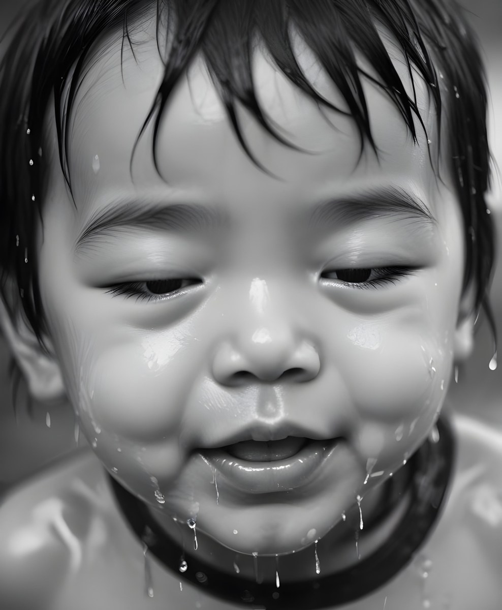 An Asian Boy 2 Years Old With Black Hair Water Falling On His Face Closed Eyes And Tongue Out In A Blurry Background 27 35b2