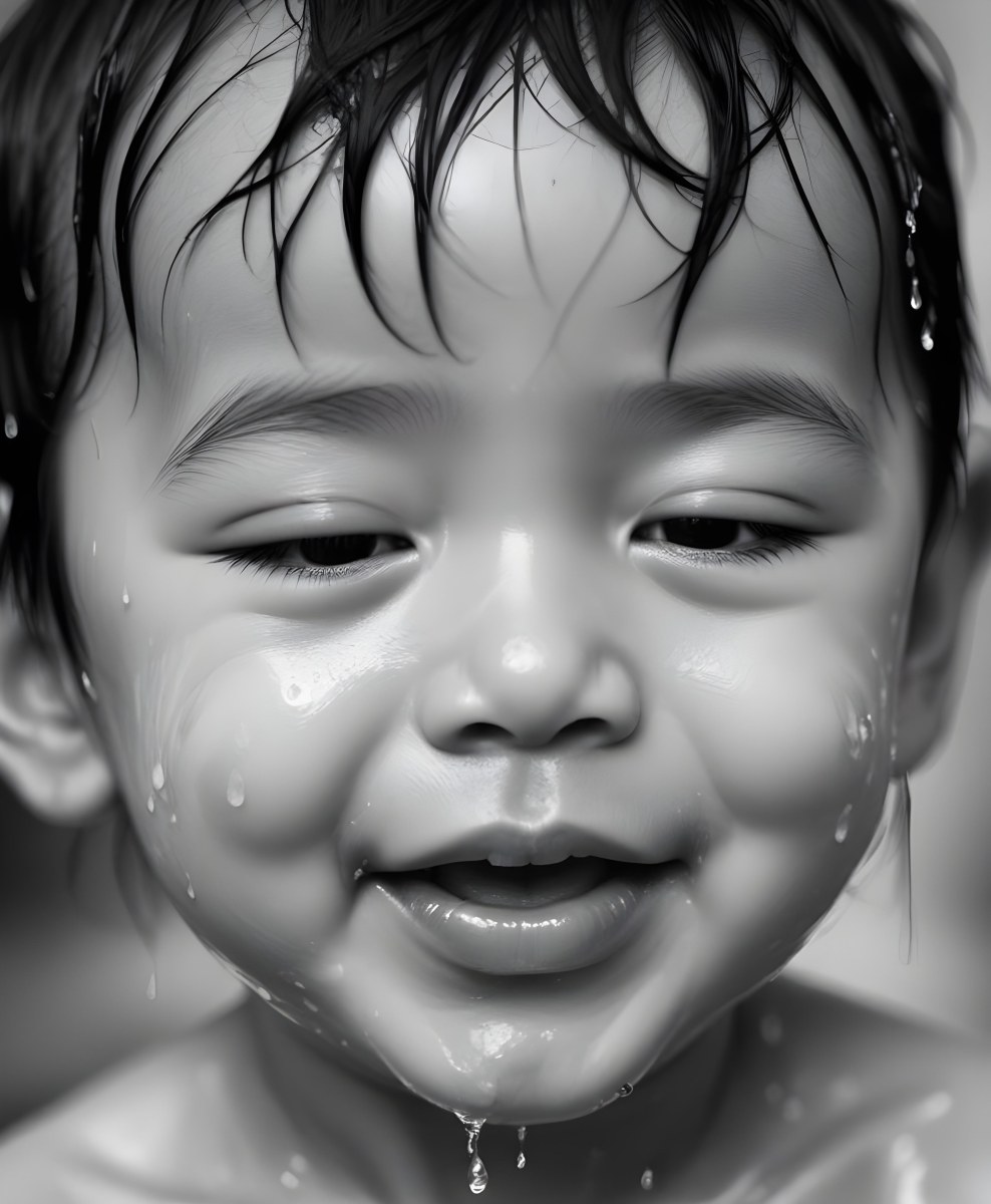 An Asian Boy 2 Years Old With Black Hair Water Falling On His Face Closed Eyes And Tongue Out In A Blurry Background 28 C4c9
