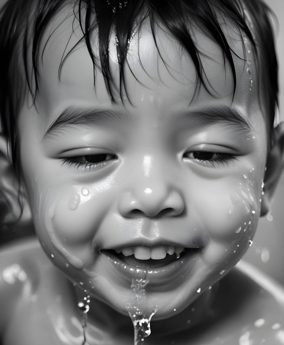 An Asian Boy 2 Years Old With Black Hair Water Falling On His Face Closed Eyes And Tongue Out In A Blurry Background 3 E5a7