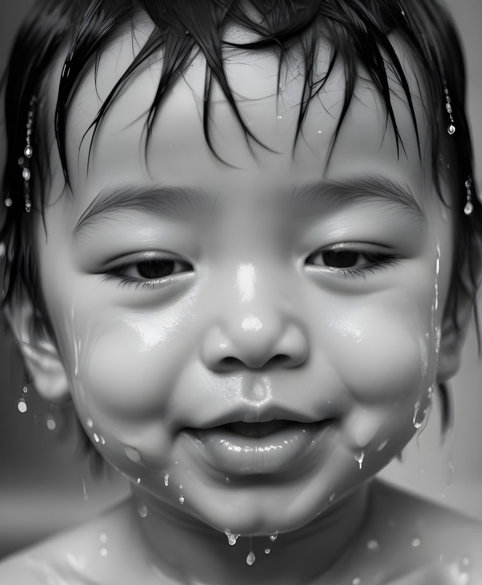 An Asian Boy 2 Years Old With Black Hair Water Falling On His Face Closed Eyes And Tongue Out In A Blurry Background 5 A03e