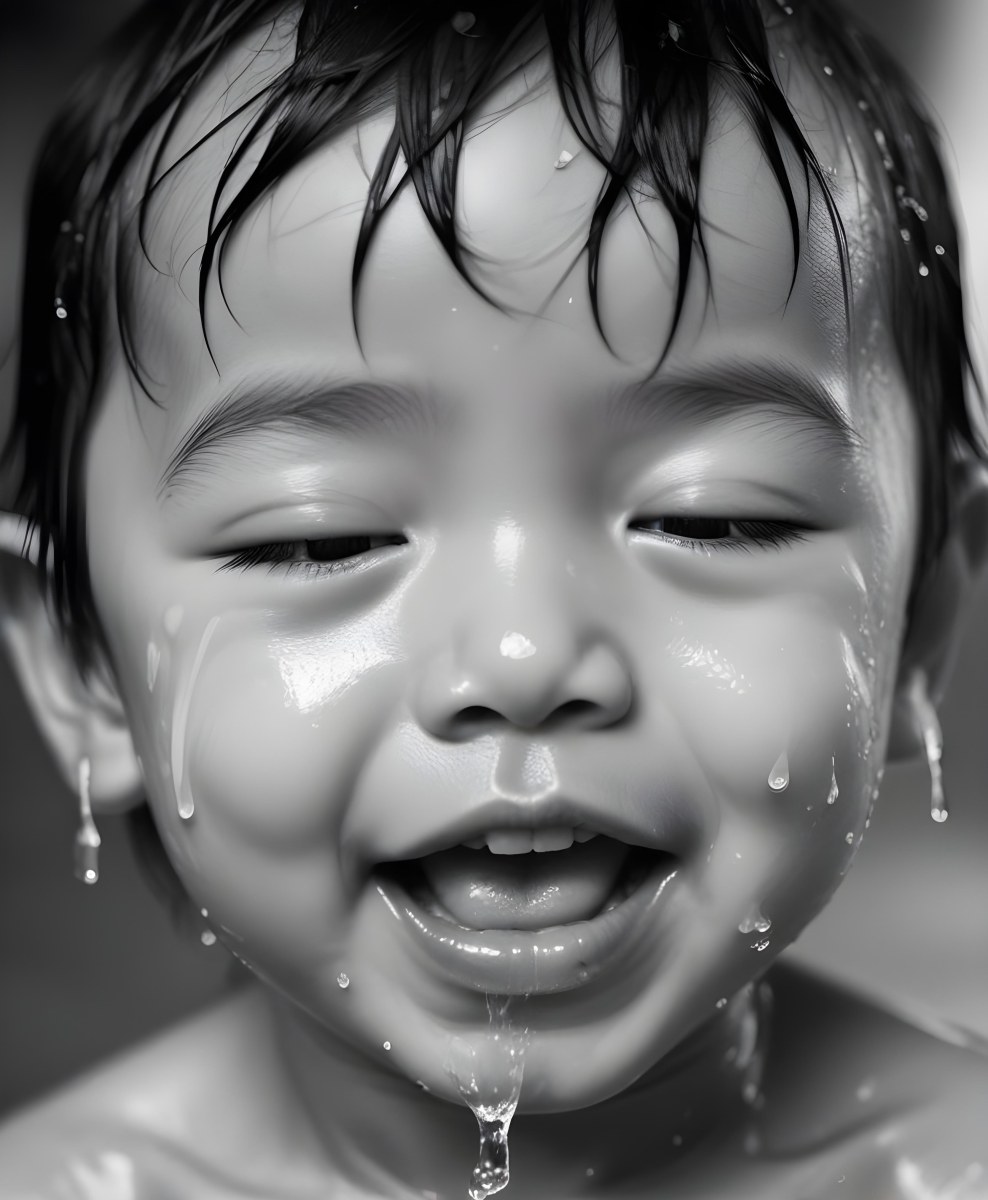 An Asian Boy 2 Years Old With Black Hair Water Falling On His Face Closed Eyes And Tongue Out In A Blurry Background 6 F760