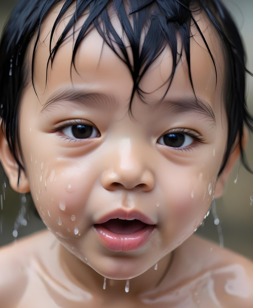 An Asian Boy 2 Years Old With Black Hair Water Falling On His Face Closed Eyes And Tongue Out In A Blurry Background 7 D5d2