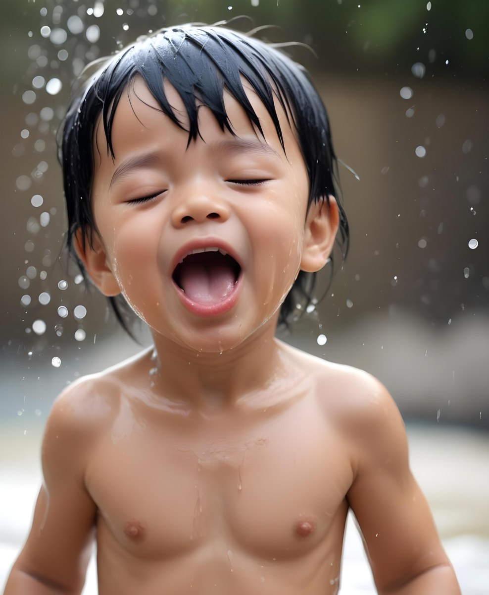 An Asian Boy 2 Years Old With Black Hair Water Falling On His Face Closed Eyes And Tongue Out In A Blurry Background 8 60b7