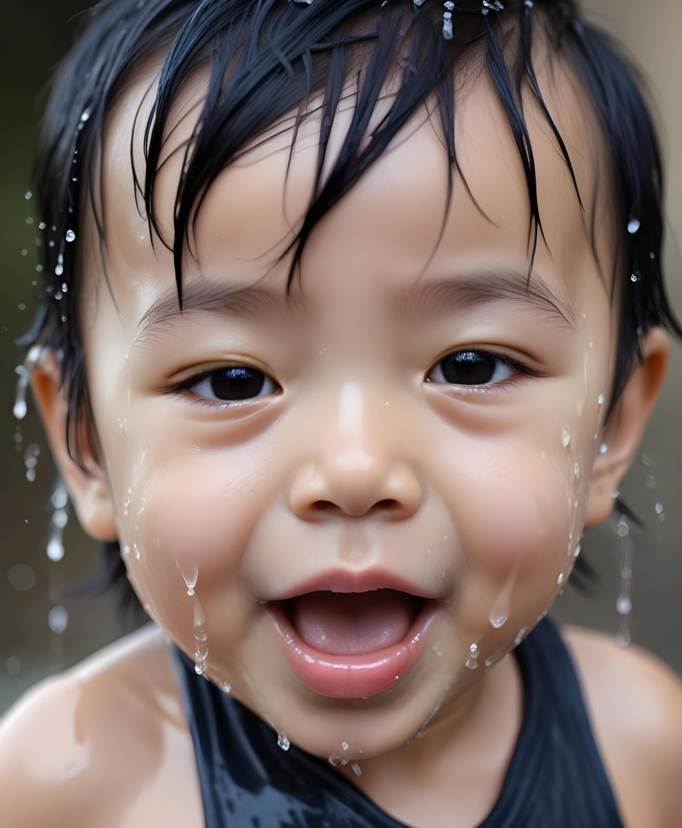 An Asian Boy 2 Years Old With Black Hair Water Falling On His Face Closed Eyes And Tongue Out In A Blurry Background 9 E0cc