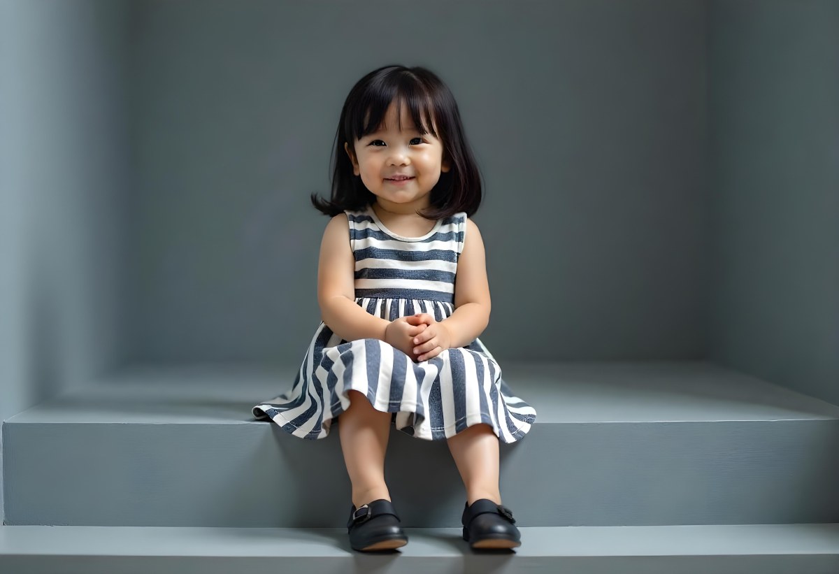 An Asian Girl 6 Years Old Black Hair Sitting On Gray Stairs Wearing A Striped Dress And Black Shoes Gray Background 14 0281
