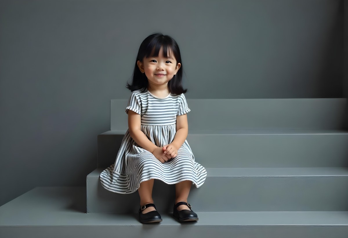 An Asian Girl 6 Years Old Black Hair Sitting On Gray Stairs Wearing A Striped Dress And Black Shoes Gray Background 18 272e