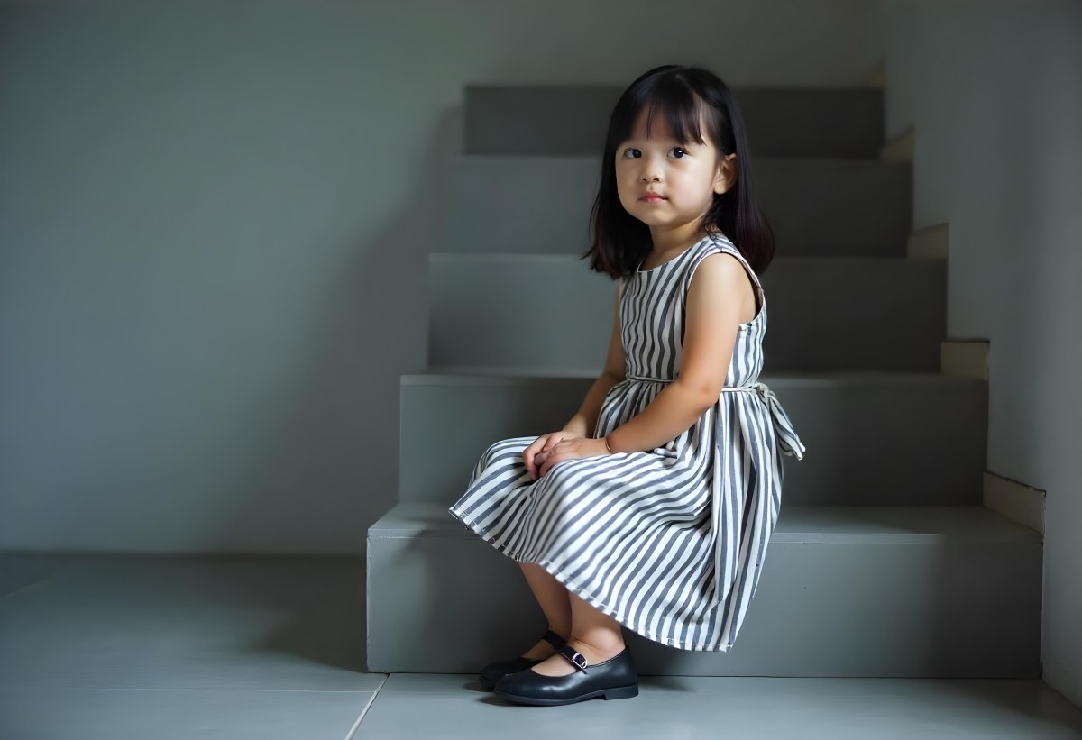 An Asian Girl 6 Years Old Black Hair Sitting On Gray Stairs Wearing A Striped Dress And Black Shoes Gray Background 2 C1f3