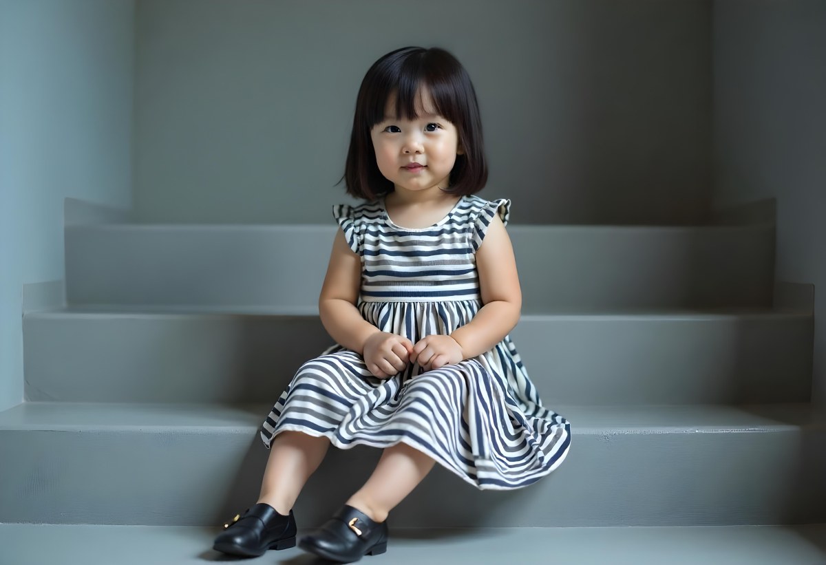 An Asian Girl 6 Years Old Black Hair Sitting On Gray Stairs Wearing A Striped Dress And Black Shoes Gray Background 21 5fb6