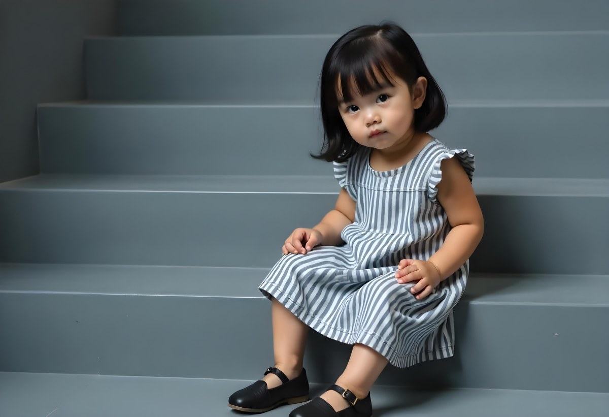 An Asian Girl 6 Years Old Black Hair Sitting On Gray Stairs Wearing A Striped Dress And Black Shoes Gray Background 3 4487