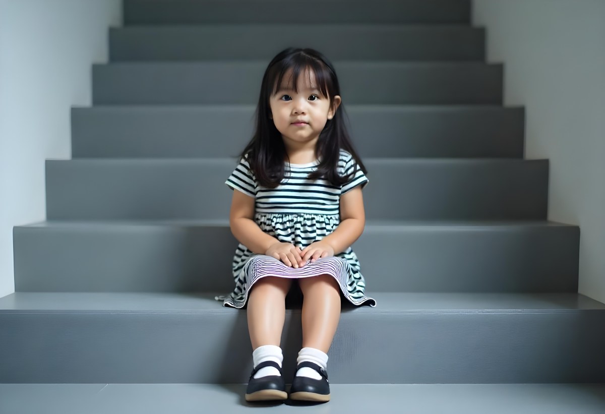An Asian Girl 6 Years Old Black Hair Sitting On Gray Stairs Wearing A Striped Dress And Black Shoes Gray Background 31 89d6