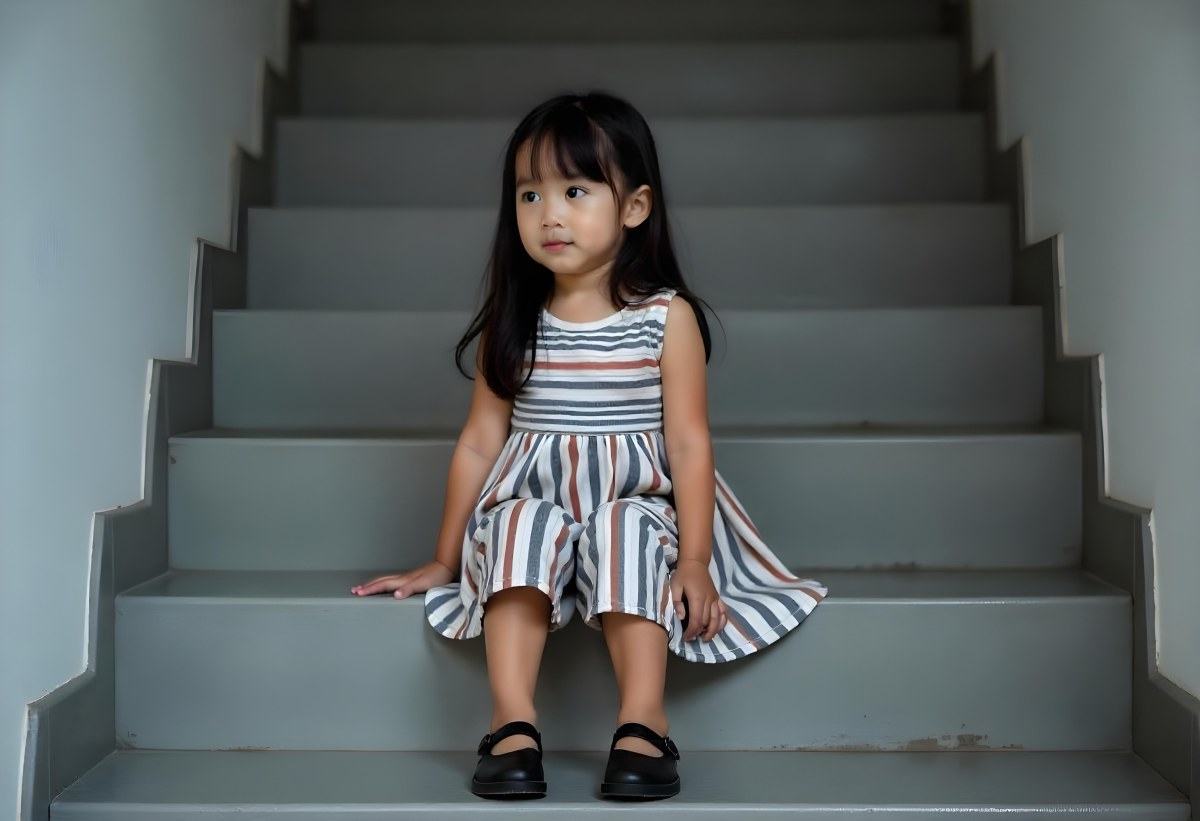An Asian Girl 6 Years Old Black Hair Sitting On Gray Stairs Wearing A Striped Dress And Black Shoes Gray Background 32 7991