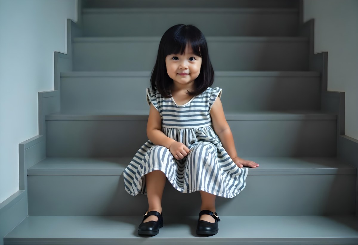 An Asian Girl 6 Years Old Black Hair Sitting On Gray Stairs Wearing A Striped Dress And Black Shoes Gray Background 33 6f7e