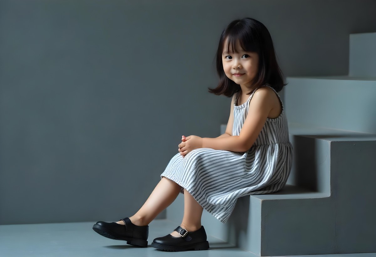 An Asian Girl 6 Years Old Black Hair Sitting On Gray Stairs Wearing A Striped Dress And Black Shoes Gray Background 34 8653