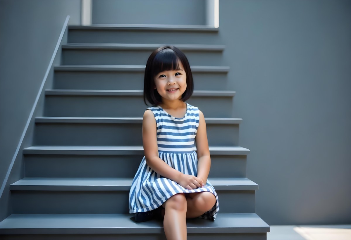 An Asian Girl 6 Years Old Black Hair Sitting On Gray Stairs Wearing A Striped Dress And Black Shoes Gray Background 7 F967