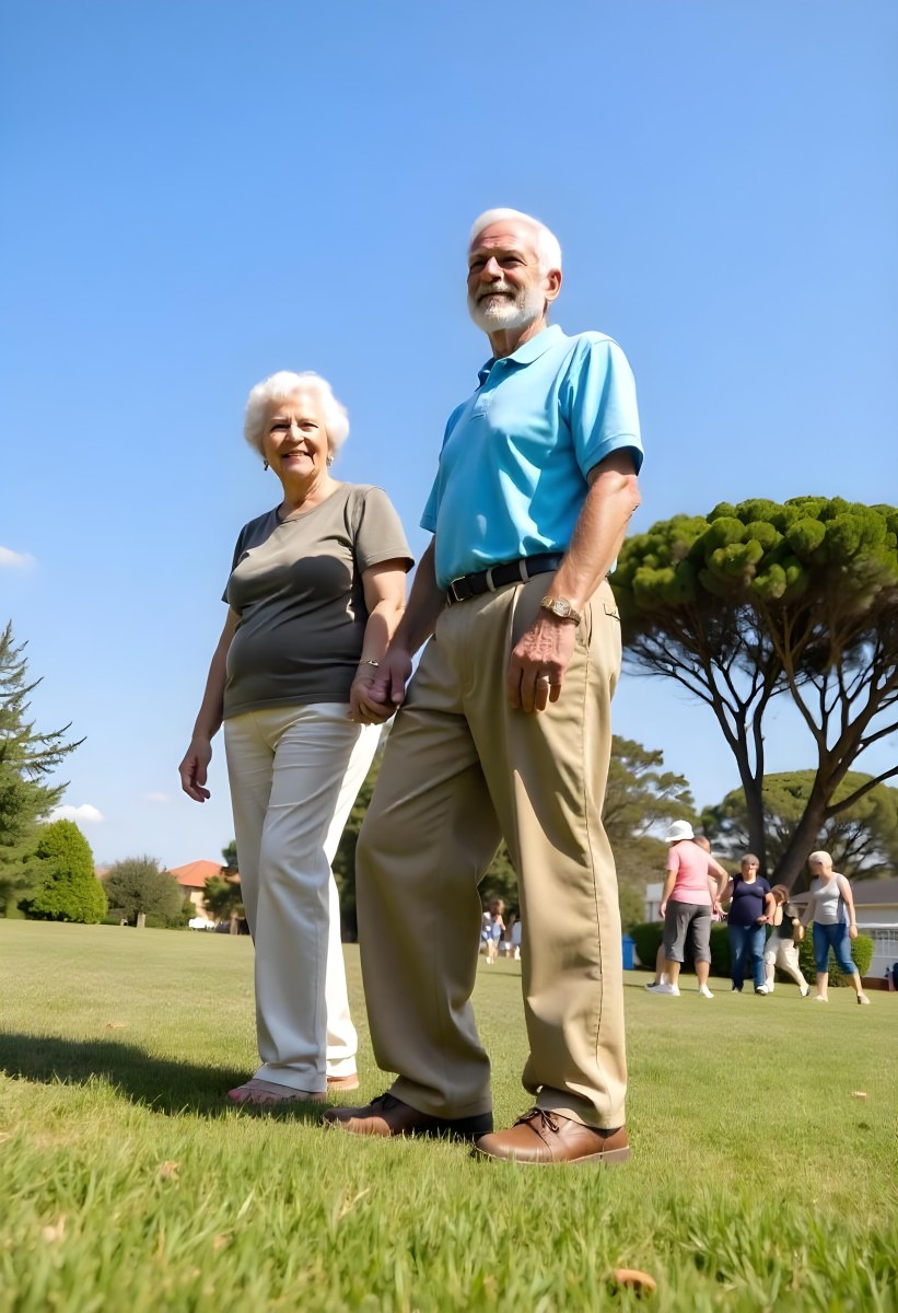 An Elderly Caucasian Couple A Man And A Woman Walking Together In A Grassy Field With Trees In The Background 4 7245