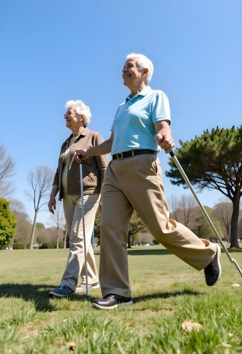 An Elderly Caucasian Couple A Man And A Woman Walking Together In A Grassy Field With Trees In The Background 5 95ec