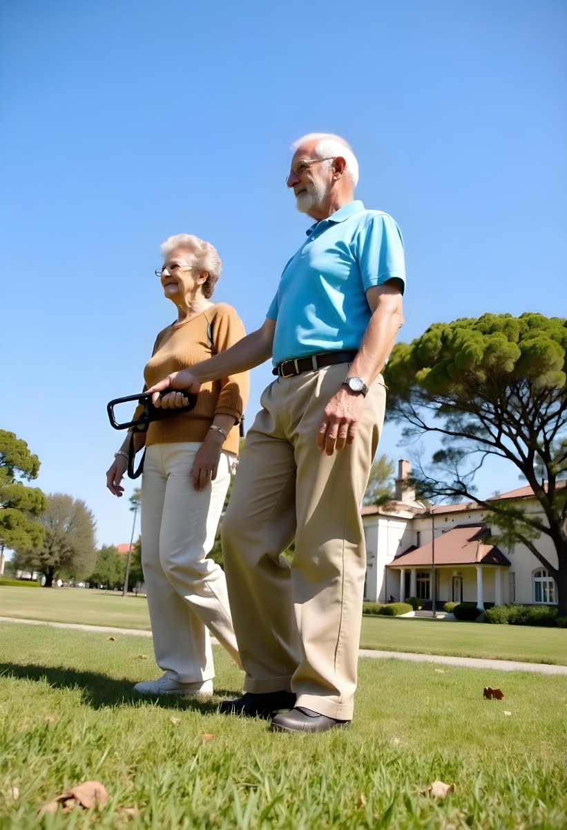 An Elderly Caucasian Couple A Man And A Woman Walking Together In A Grassy Field With Trees In The Background 7 Dbb1