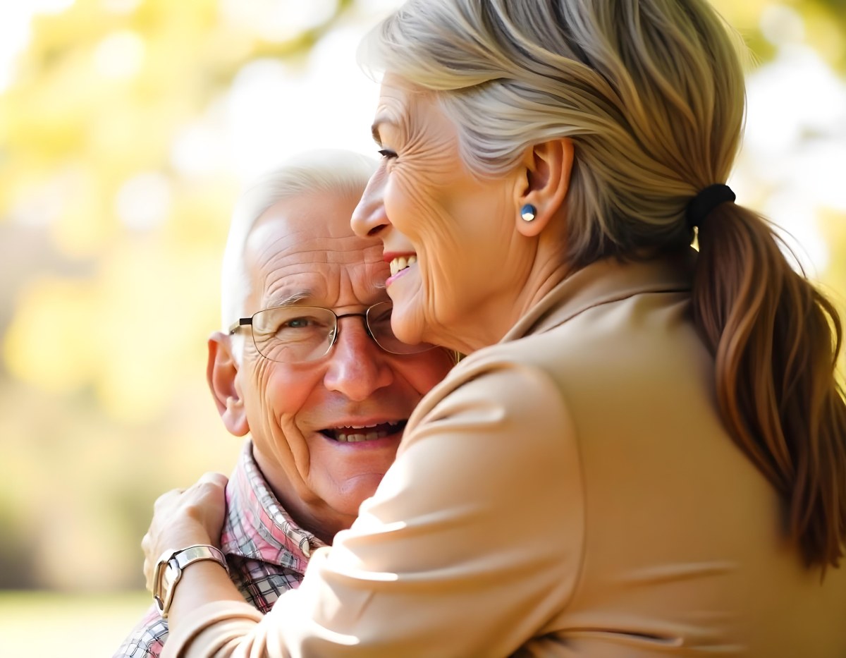 An Elderly Caucasian Couple Embracing And Smiling Affectionately The Woman With Short Gray Hair And The Man With Gray Hair And Glasses In A Warm Natural Setting 2 0270