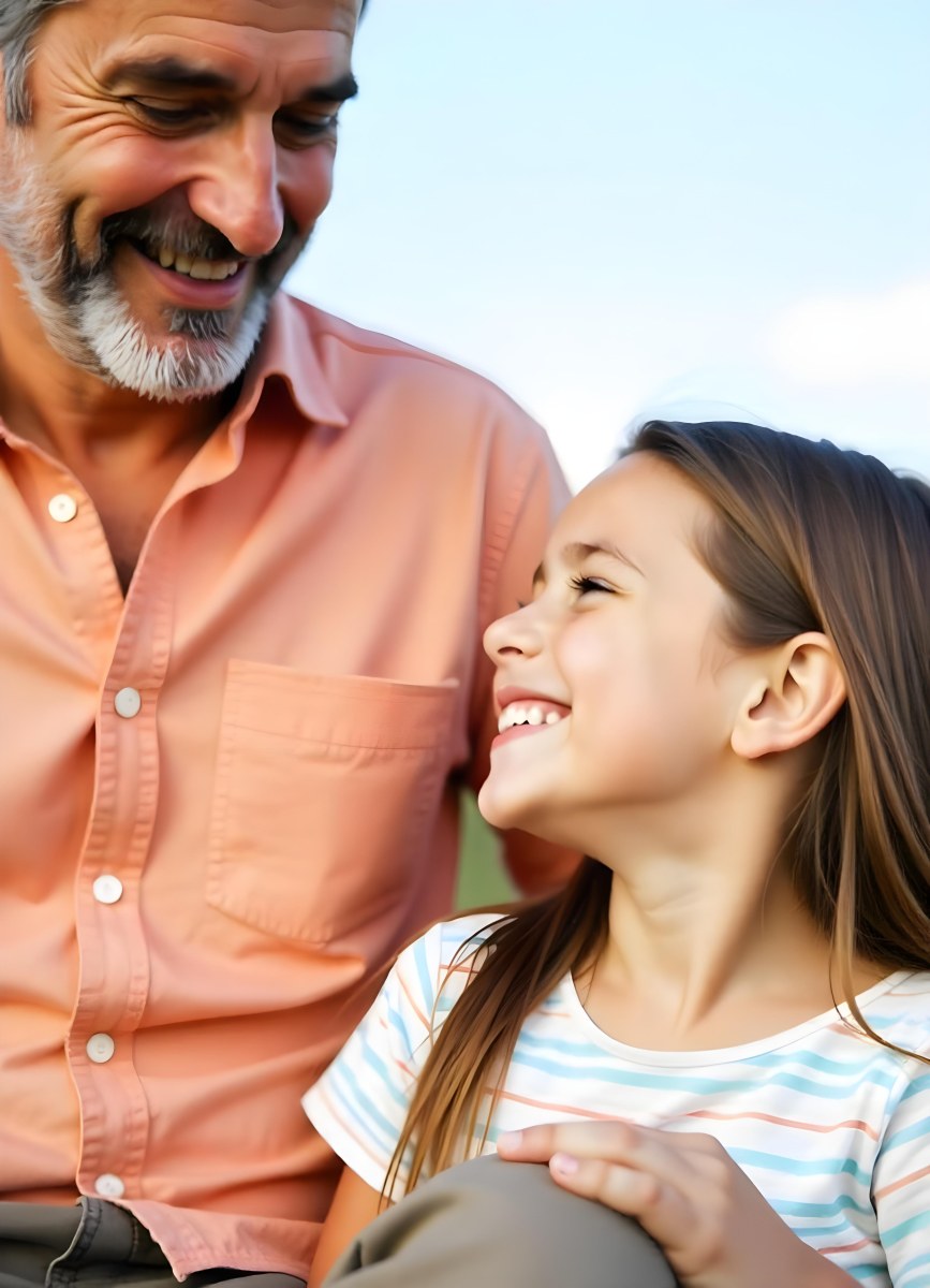 An Elderly Caucasian Man With A Long Gray Beard And A Younger Caucasian Woman With Long Dark Hair Smiling And Looking At Each Other In An Outdoor Setting 12 481d