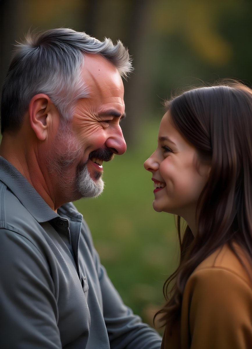 An Elderly Caucasian Man With A Long Gray Beard And A Younger Caucasian Woman With Long Dark Hair Smiling And Looking At Each Other In An Outdoor Setting 2 6a8f