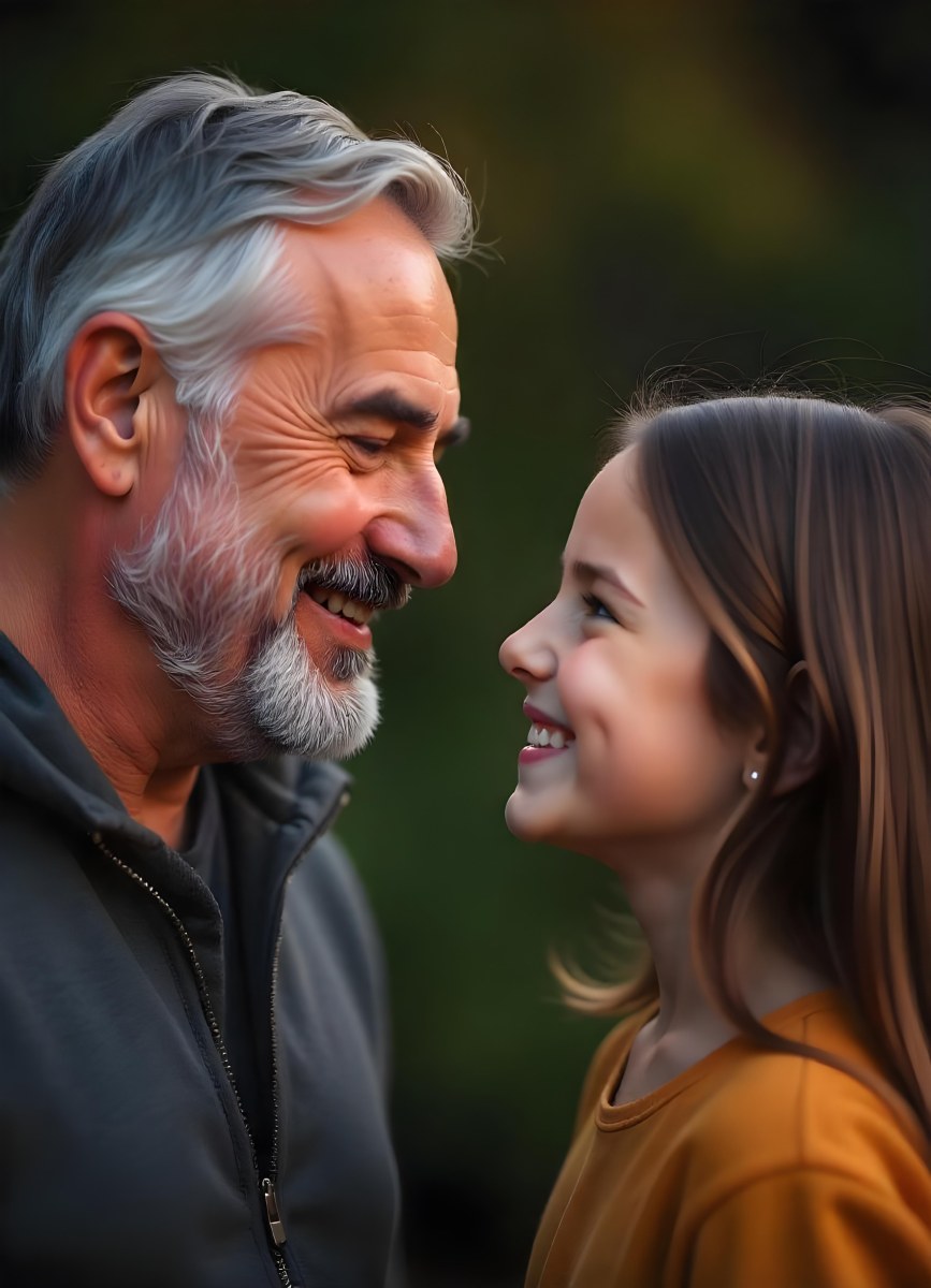 An Elderly Caucasian Man With A Long Gray Beard And A Younger Caucasian Woman With Long Dark Hair Smiling And Looking At Each Other In An Outdoor Setting 4 C12c