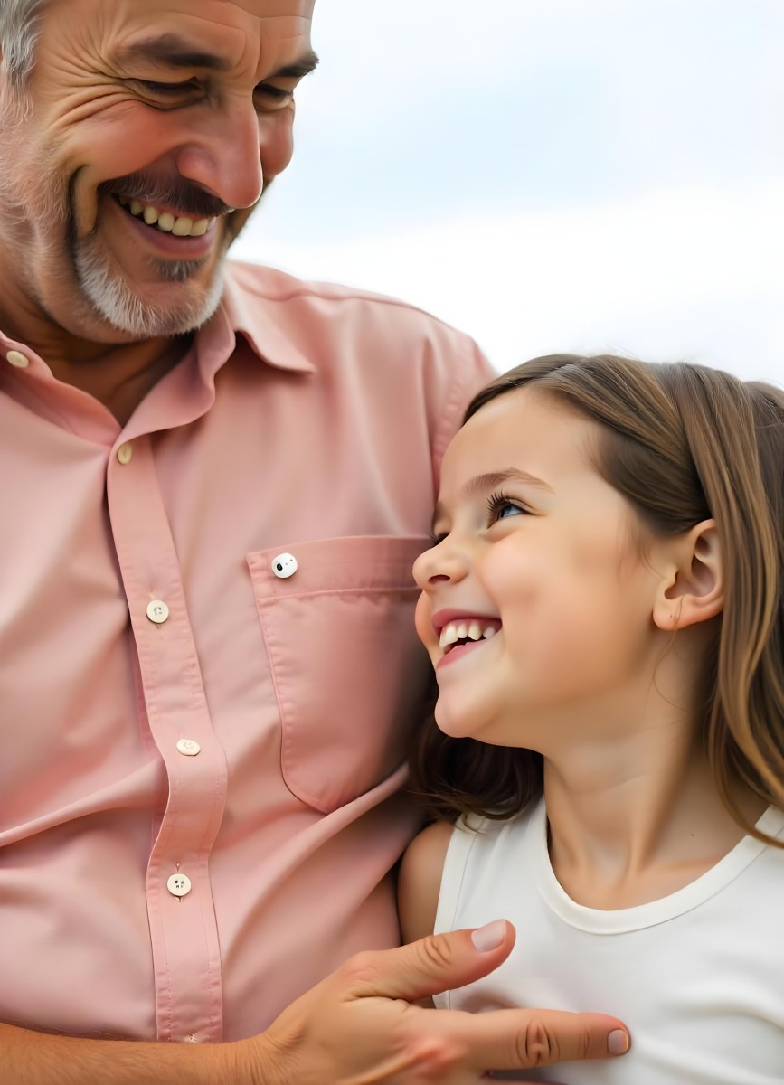 An Elderly Caucasian Man With A Long Gray Beard And A Younger Caucasian Woman With Long Dark Hair Smiling And Looking At Each Other In An Outdoor Setting 5 4150