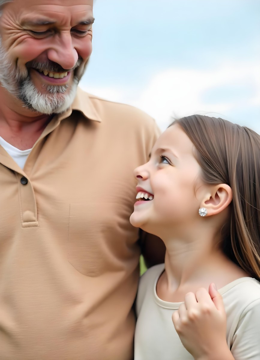 An Elderly Caucasian Man With A Long Gray Beard And A Younger Caucasian Woman With Long Dark Hair Smiling And Looking At Each Other In An Outdoor Setting 7 Fb0b