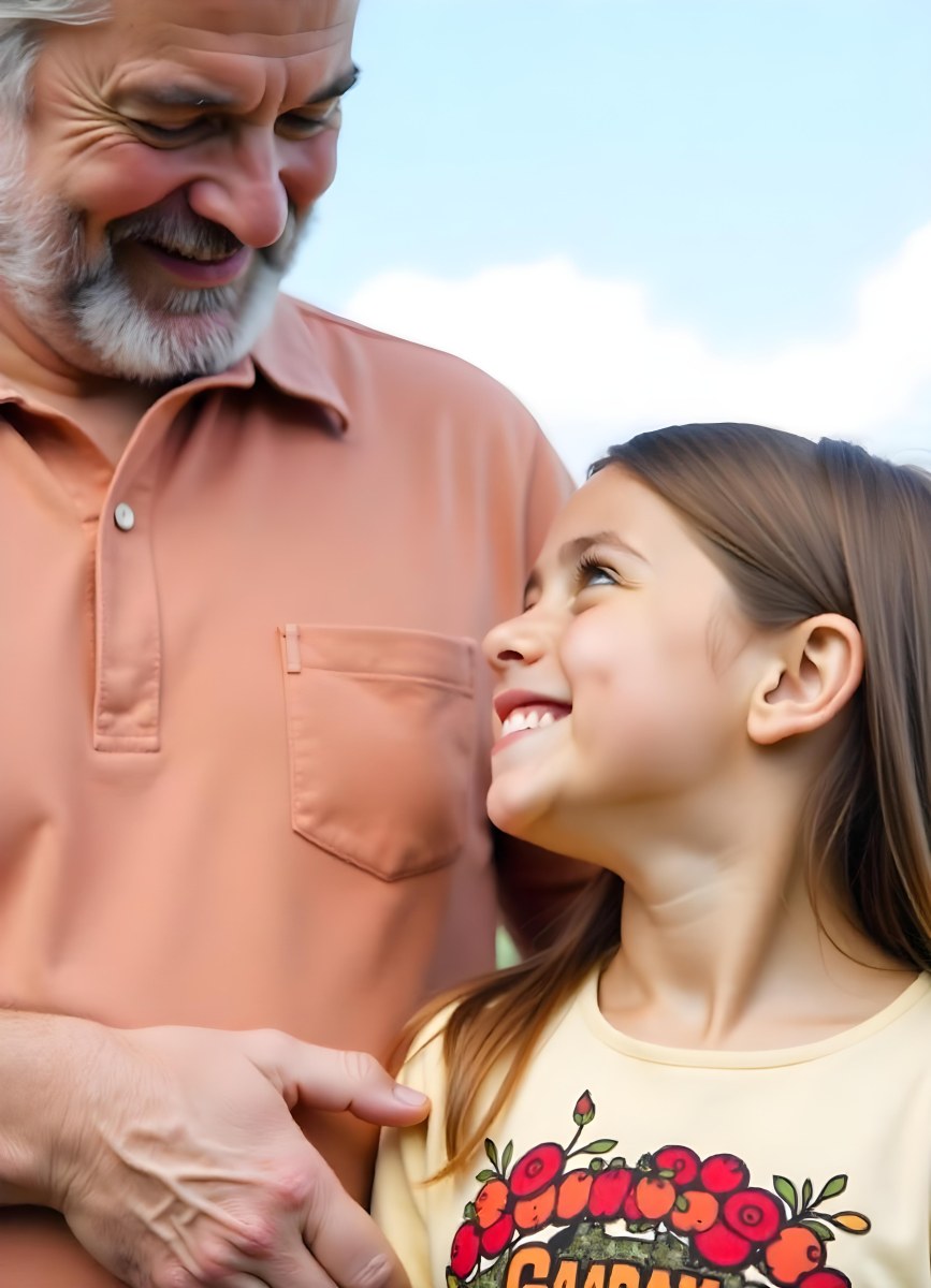 An Elderly Caucasian Man With A Long Gray Beard And A Younger Caucasian Woman With Long Dark Hair Smiling And Looking At Each Other In An Outdoor Setting 9 63e4