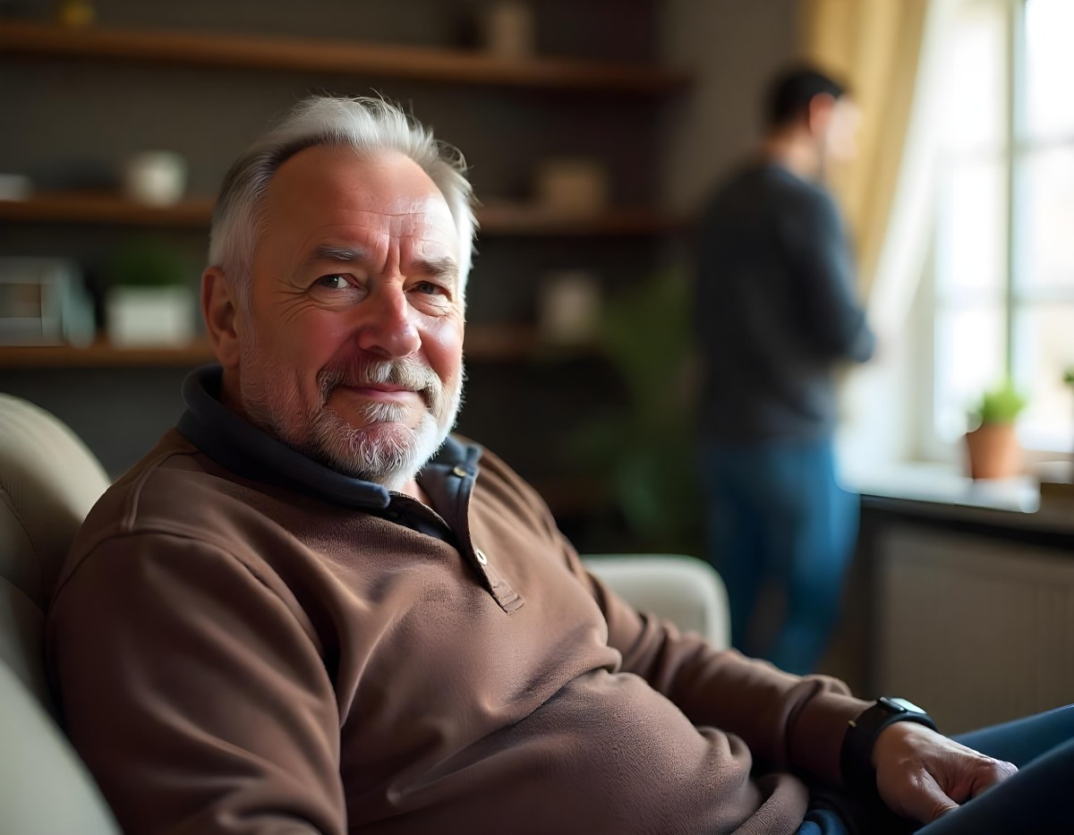 An Elderly Caucasian Man With Gray Hair And A Beard Wearing A Beige Sweater Sitting In A Chair In A Room With Another Person Visible In The Background 2 Bcce