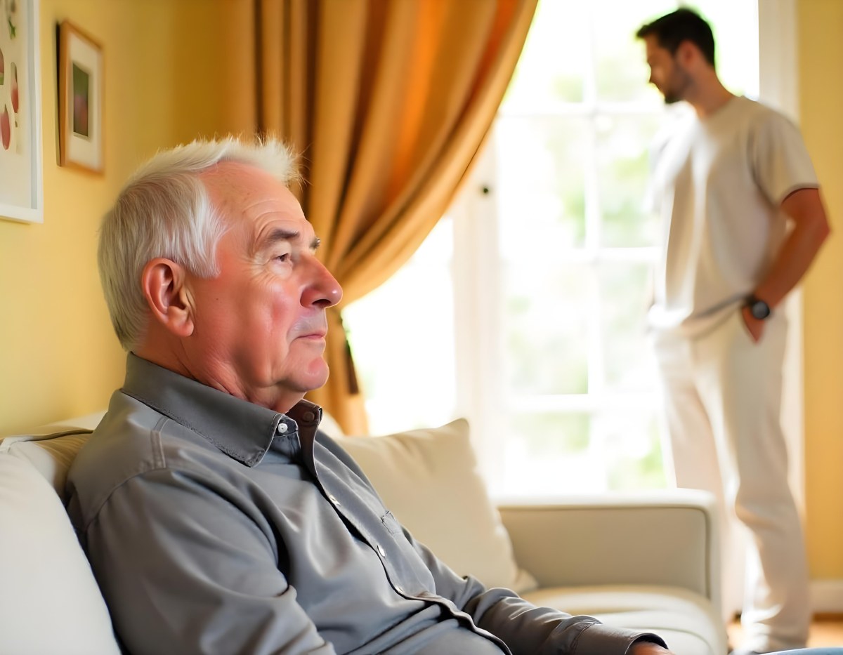 An Elderly Caucasian Man With Gray Hair And A Beard Wearing A Beige Sweater Sitting In A Chair In A Room With Another Person Visible In The Background 4 Fbfd
