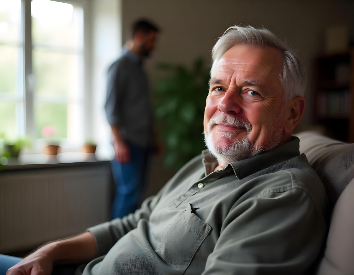 An Elderly Caucasian Man With Gray Hair And A Beard Wearing A Beige Sweater Sitting In A Chair In A Room With Another Person Visible In The Background 5 B1a8