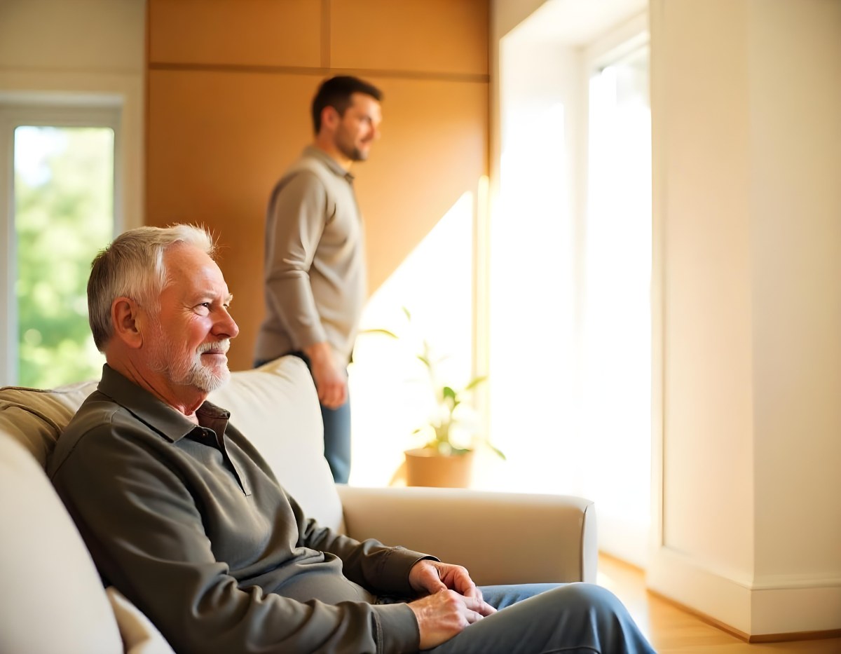 An Elderly Caucasian Man With Gray Hair And A Beard Wearing A Beige Sweater Sitting In A Chair In A Room With Another Person Visible In The Background 6 E45a