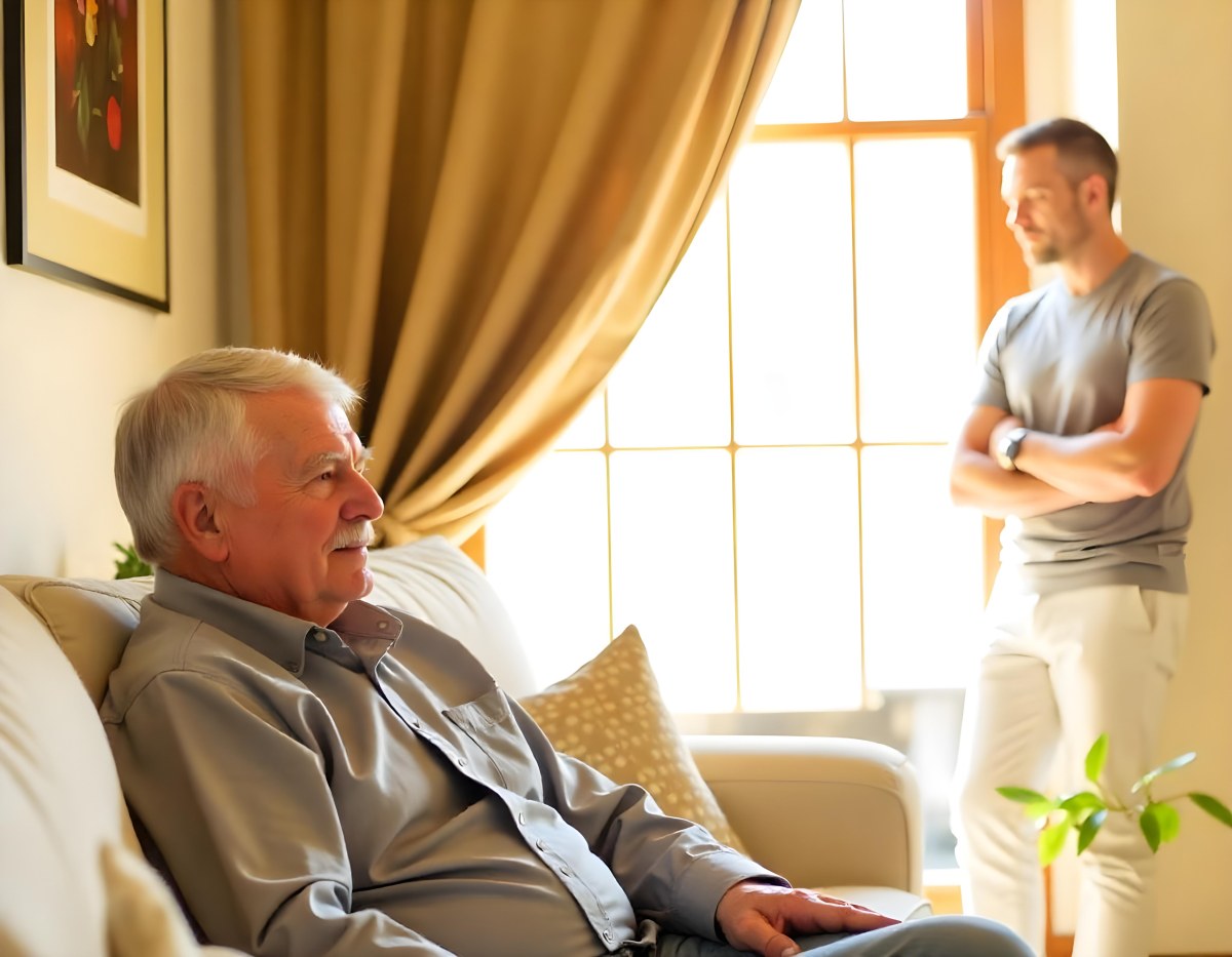 An Elderly Caucasian Man With Gray Hair And A Beard Wearing A Beige Sweater Sitting In A Chair In A Room With Another Person Visible In The Background 9 1995