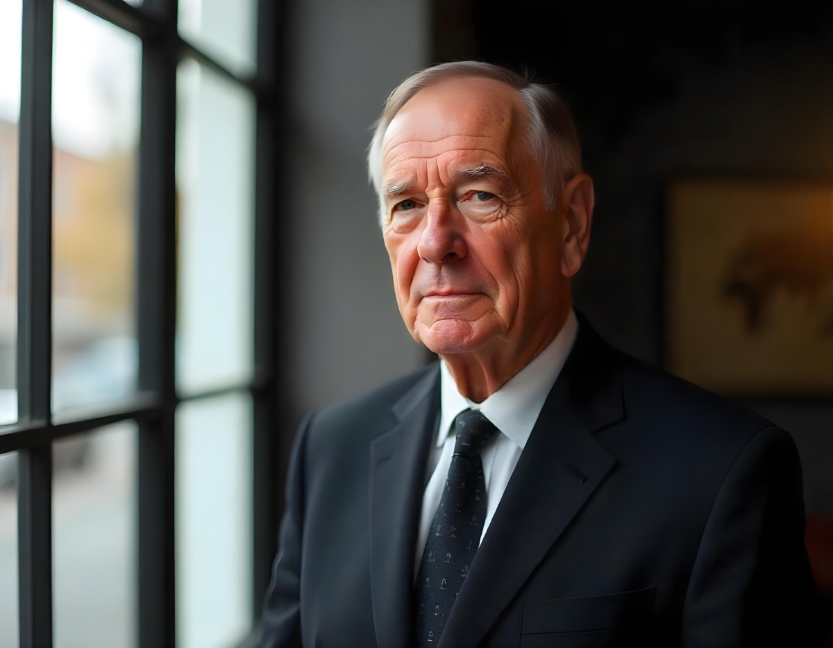 An Elderly Caucasian Man With Gray Hair Wearing A Dark Suit And Tie Standing In Front Of A Window 12 A712