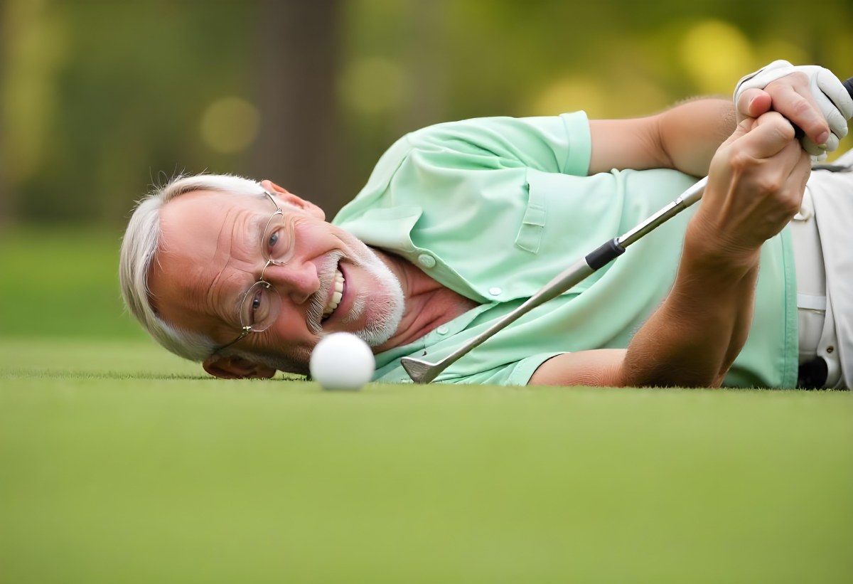 An Elderly Caucasian Man With Short Gray Hair And Glasses Wearing A Green Polo Shirt Lying On A Grassy Field And Smiling During The Day 2 69aa