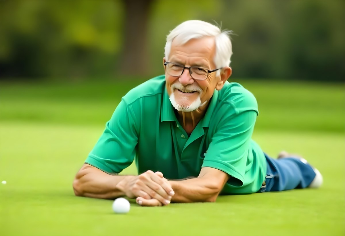 An Elderly Caucasian Man With Short Gray Hair And Glasses Wearing A Green Polo Shirt Lying On A Grassy Field And Smiling During The Day 3 F24b