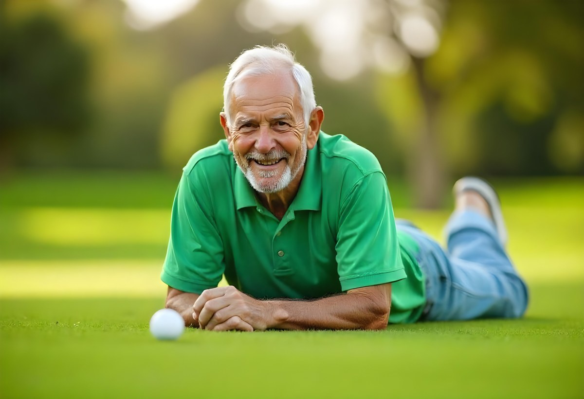 An Elderly Caucasian Man With Short Gray Hair And Glasses Wearing A Green Polo Shirt Lying On A Grassy Field And Smiling During The Day 4 1dcc