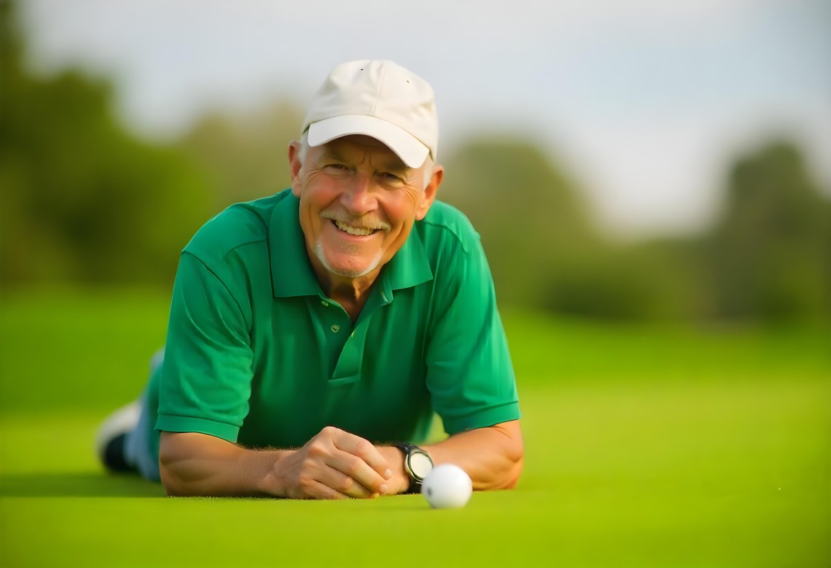An Elderly Caucasian Man With Short Gray Hair And Glasses Wearing A Green Polo Shirt Lying On A Grassy Field And Smiling During The Day 6 8503